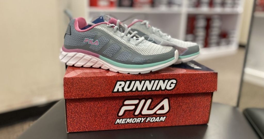 pair of Fila Women's Running Shoes on top of shoe box in-store