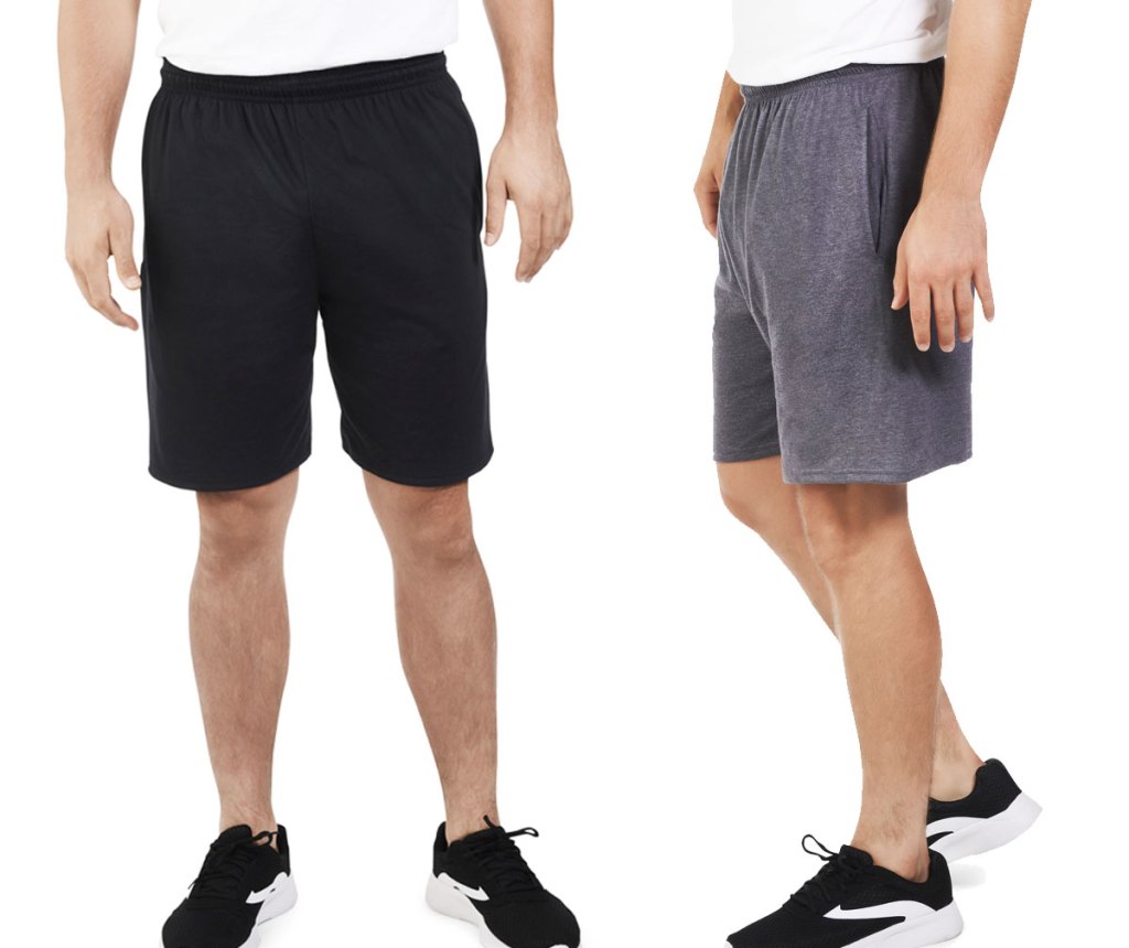 two men modeling jersey shorts in black and grey colors