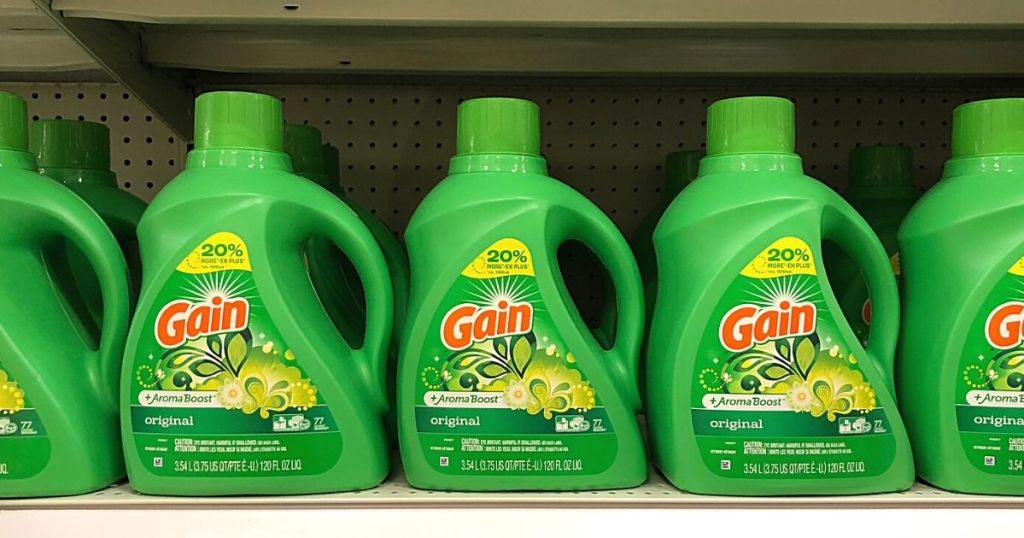 row of Gain laundry detergent on a shelf