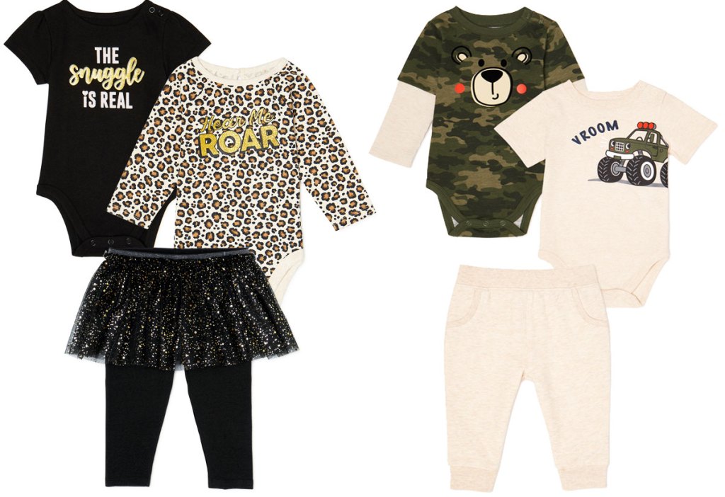 two 3-piece baby outfit sets with two tops and pair of pants