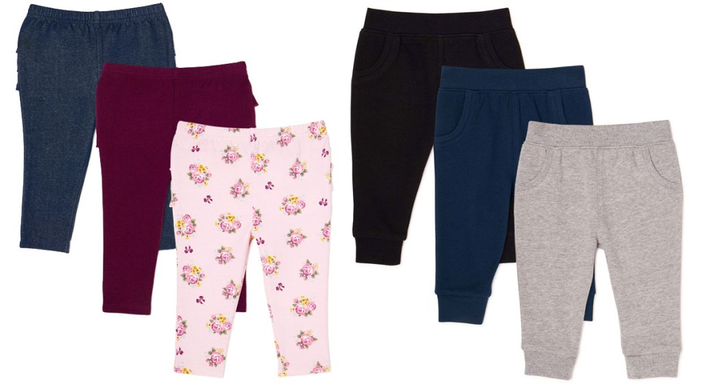 two 3-packs of baby girls leggings and boys jogger pants