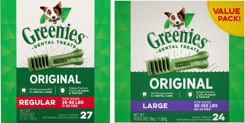 two boxes of greenies dental dog treats in regular and large sizes
