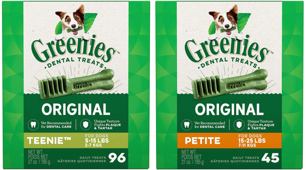 two boxes of greenies dental dog treats in tennie and petite sizes