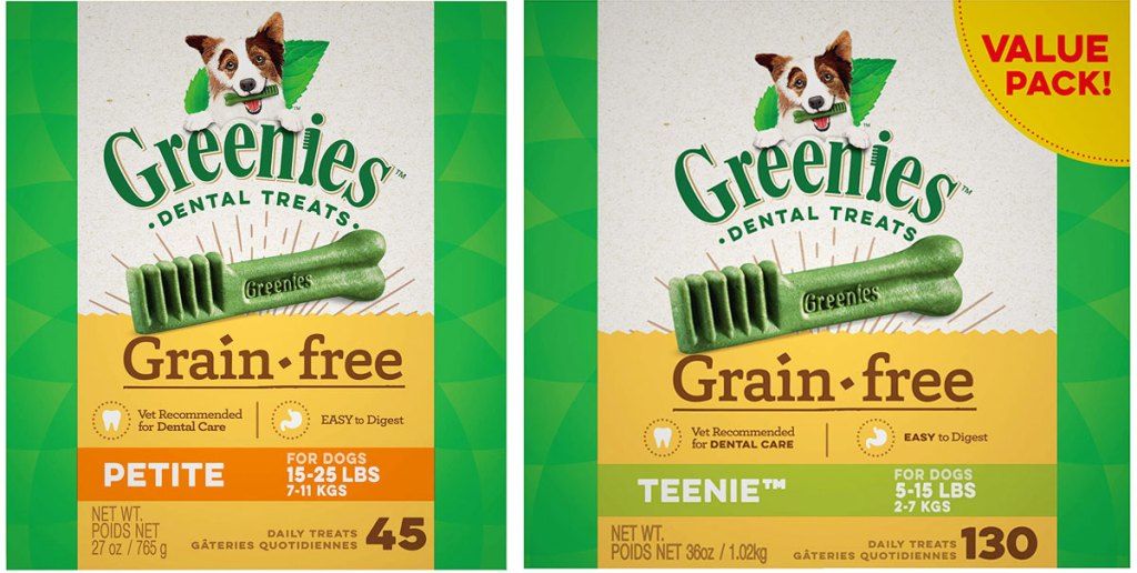 two boxes of greenies grain-free dental dog treats