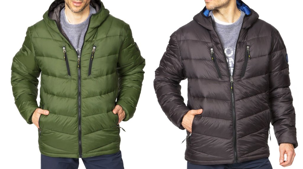 two men modeling puffer jackets in olive green and black colors