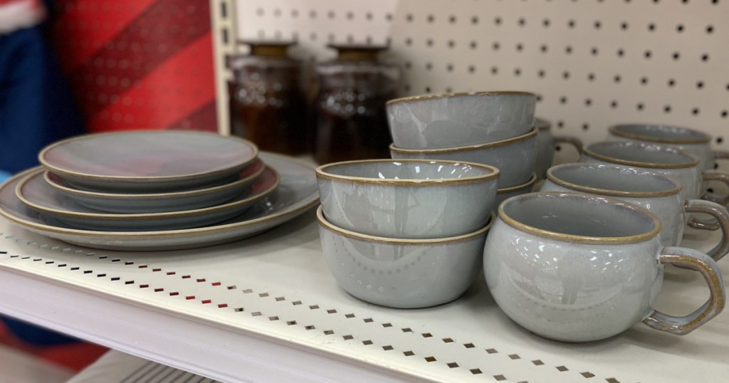 target shelf with Hearth-and-Hand-with-Magnolia blue and gold bowls and plates
