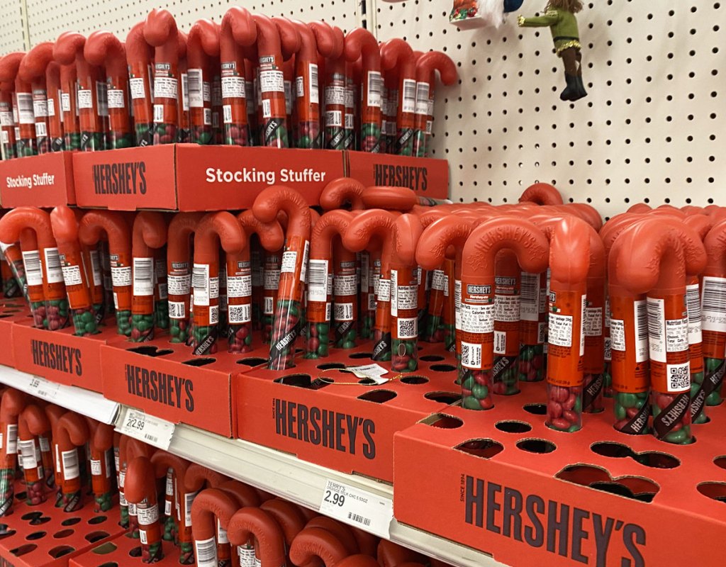 tons of m&ms filled plastic candy canes on target shelves