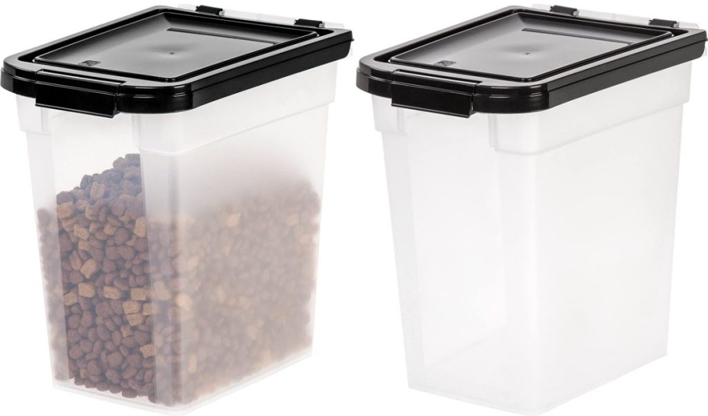 storage container filled with dog food and empty storage container