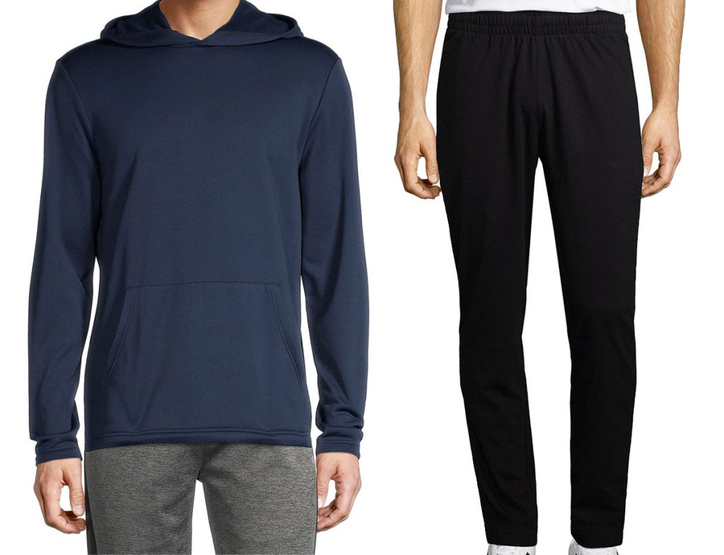 two men modeling navy sweatshirt and black sweatpants