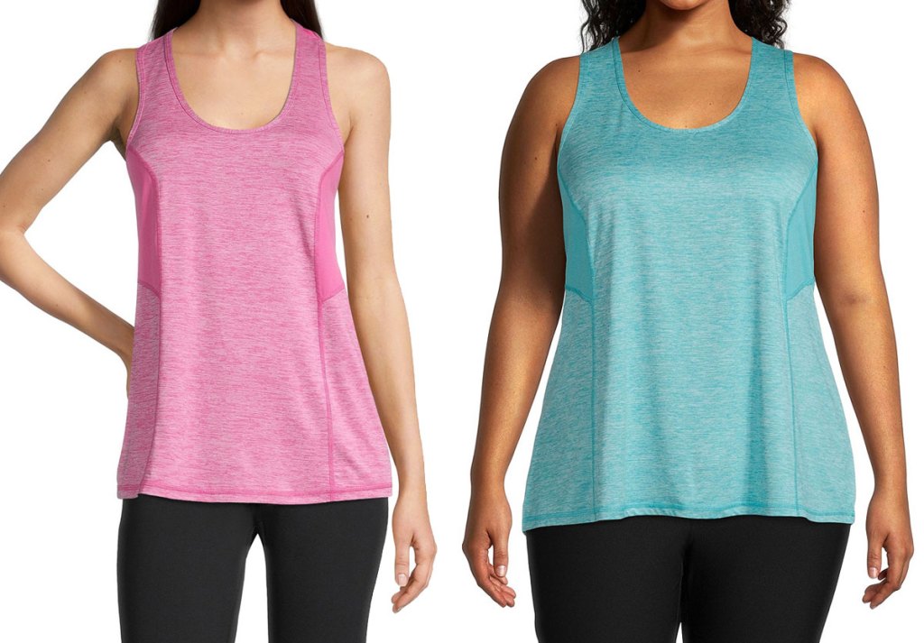 two women modeling activewear tank tops in pink and blue colors