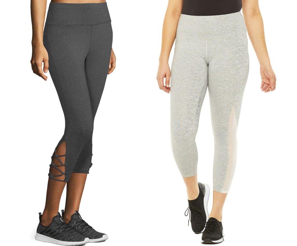 two women modeling leggins in dark & light grey colors