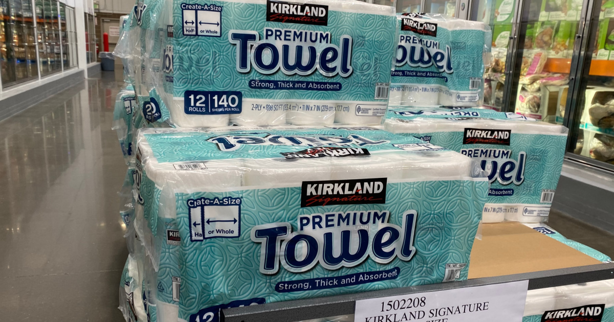 packages of kirkland brand paper towels on display in costco