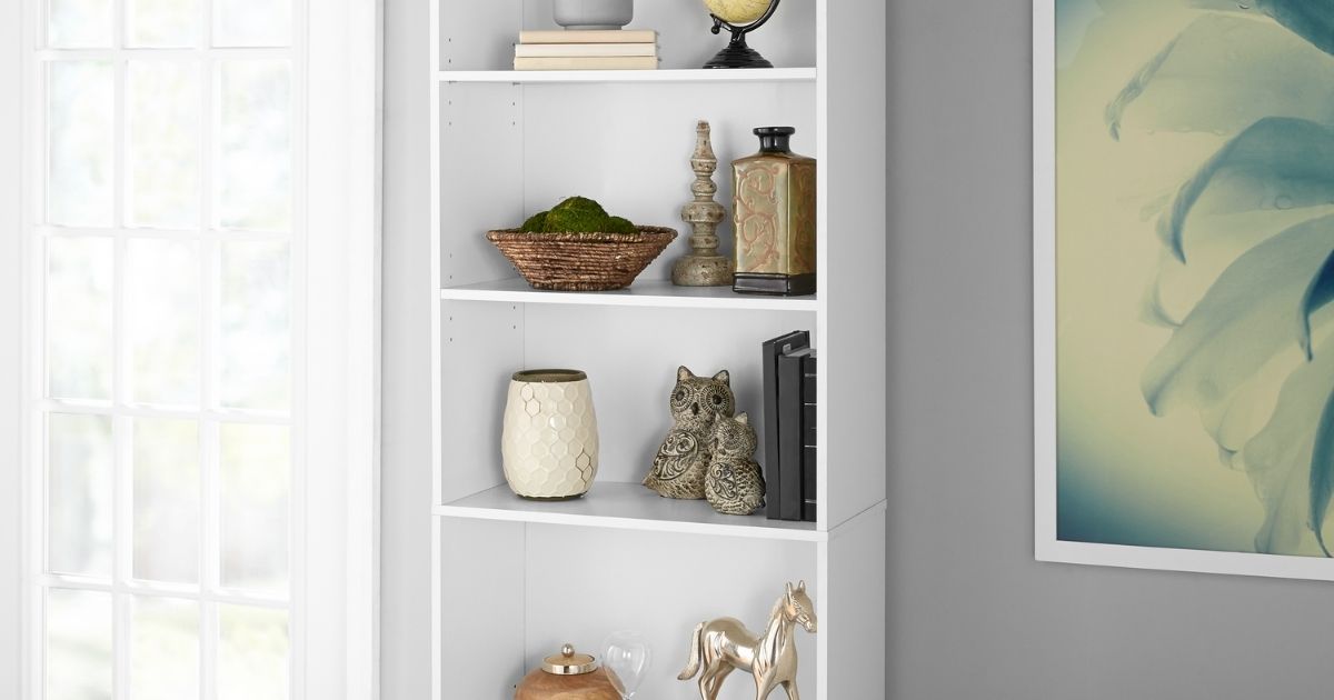 Mainstays five-Shelf Bookcase in a room with decor 