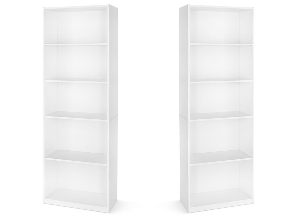 two stock images of tall white bookshelves