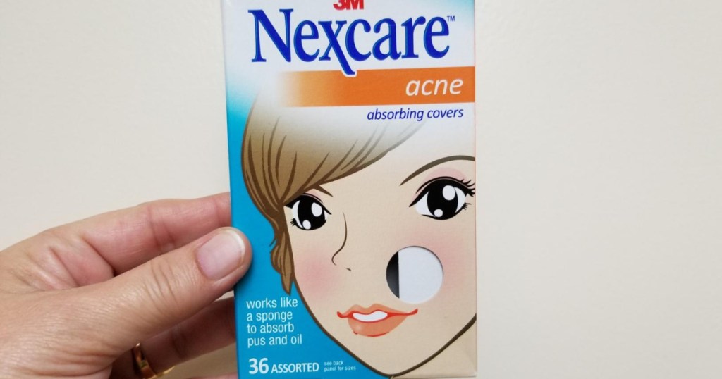 hand holding box of Nexcare Acne Blemish Covers
