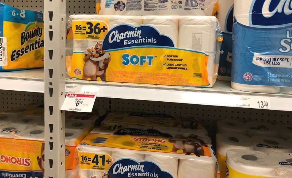 Bath tissue on a shelf at Office Depot
