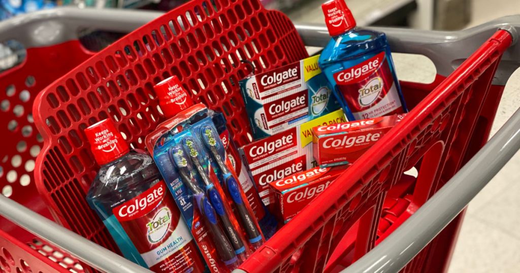 mouthwash and toothpaste in basket