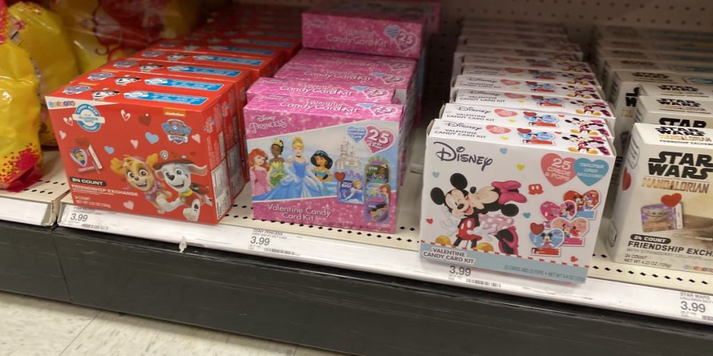 Paw Patrol and Disney Valentine's on a shelf at Target