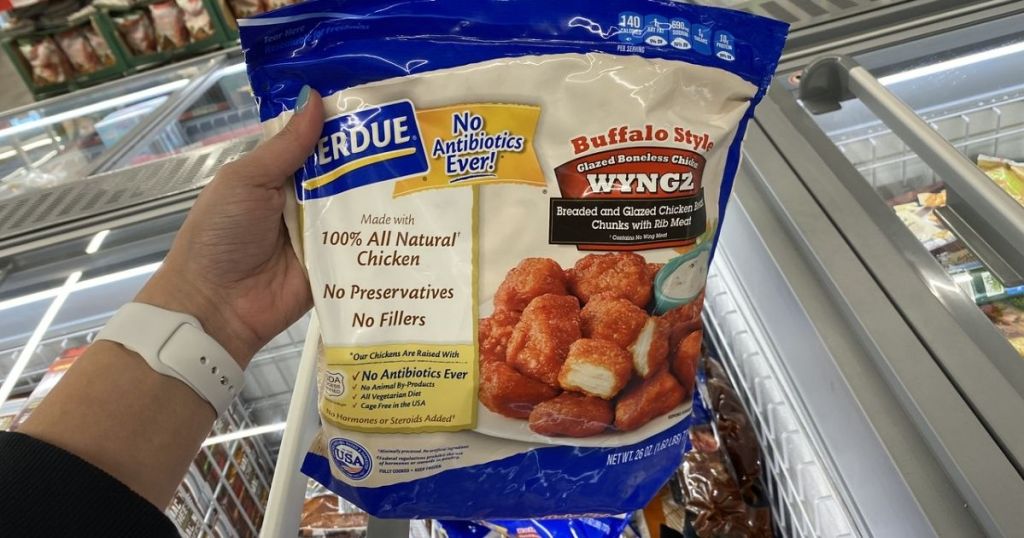 hand holding bag of Perdue Buffalo Boneless Wyngz