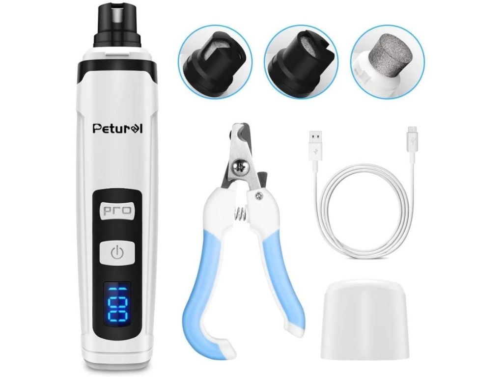 white Petural nail grinder, cap, cord, and manual nail cutters