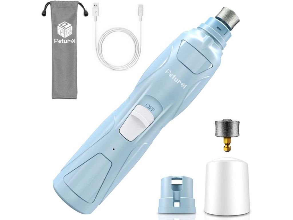 blue Petural nail grinder, case, cord, and tops