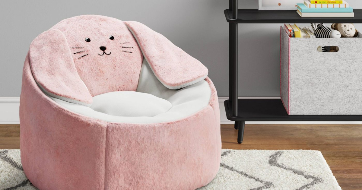 kids bean bag chair shaped like a pink bunny