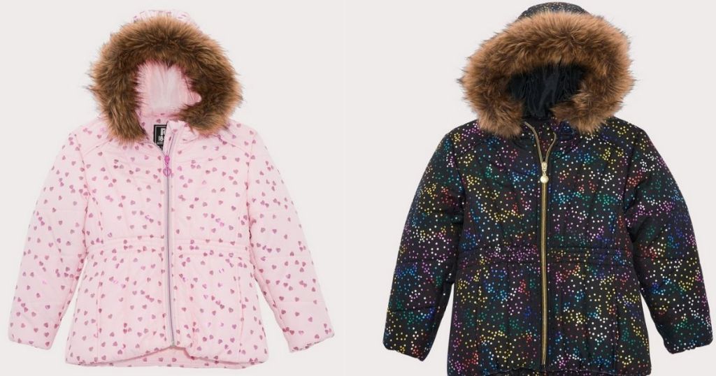 pink with hearts and black with rainbow hearts puffer coat