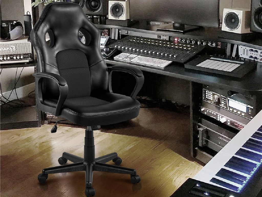 black chair and gaming setup