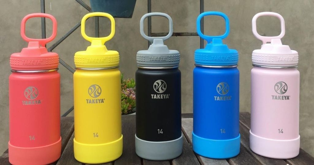 5 colors Takeya 14oz Kids Water Bottle in a row