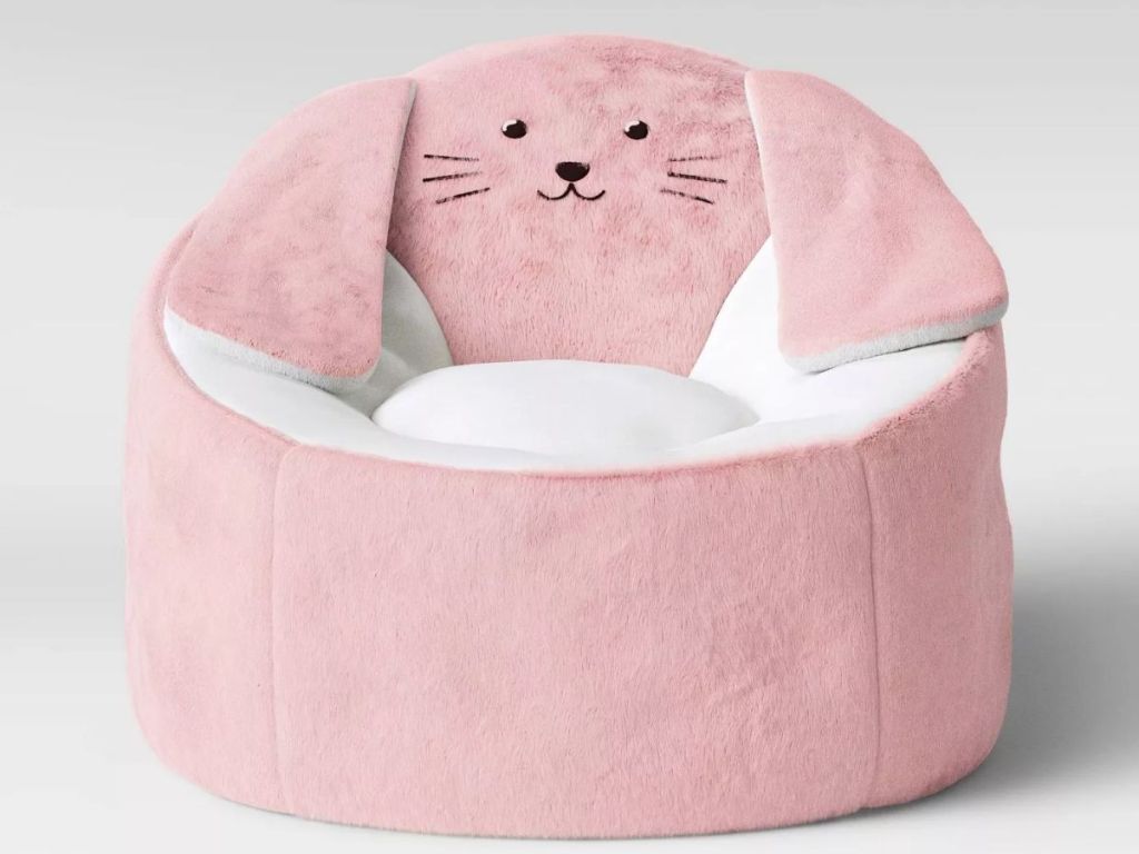 front view of Target Pillowfort Pink Bunny Bean Bag Chair