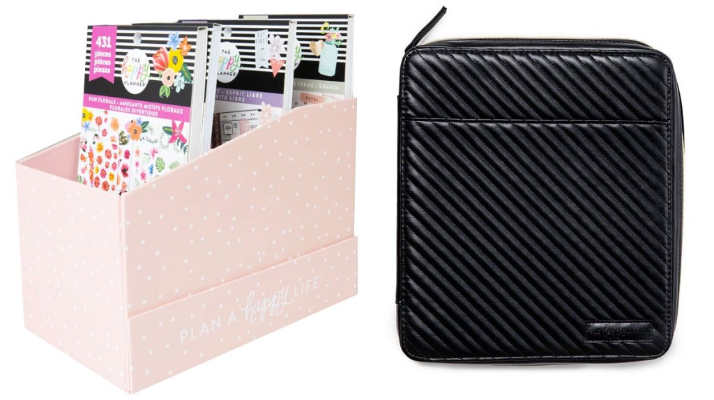 pink sticker storage box and black planner storage case