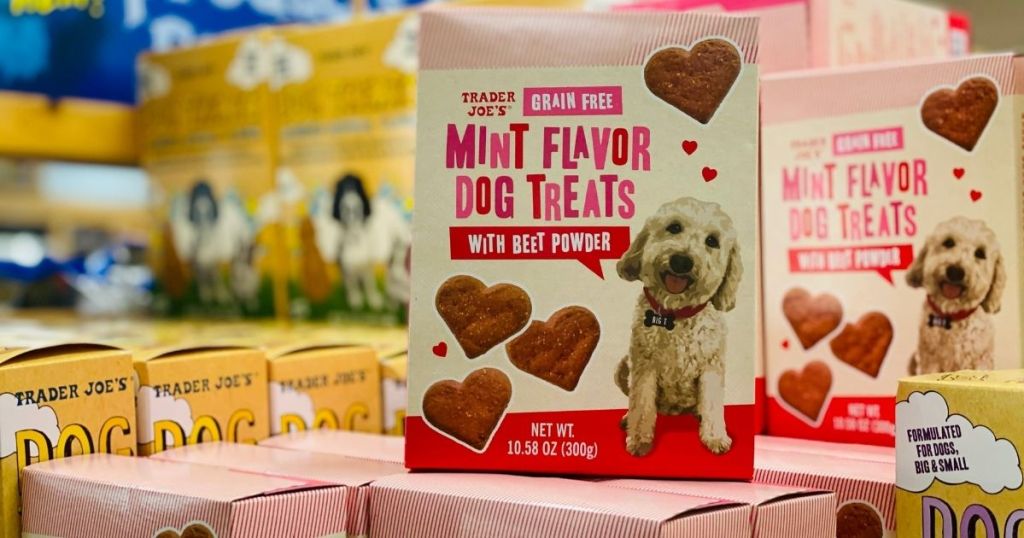 boxes of Trader Joe's Grain Free Mint Flavor Dog Treats on shelf