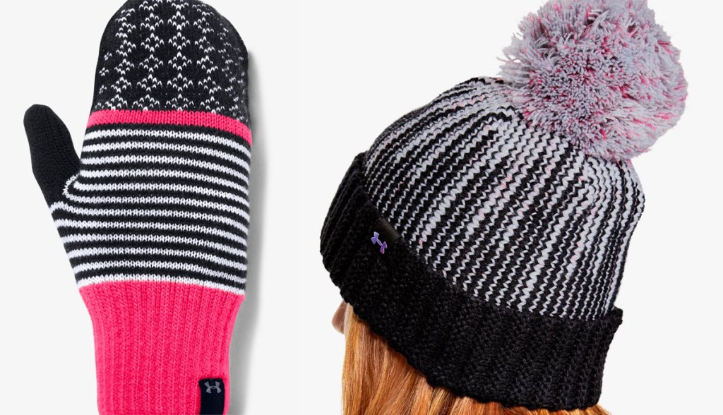 under armour knitted mitten and beanie with a pom on top