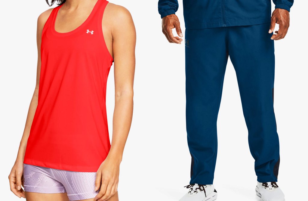 woman in red tank top and man in blue sweatpants