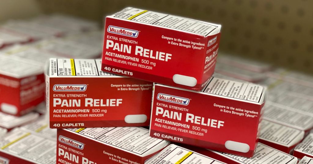 3 boxes of pain medicine on shelf 