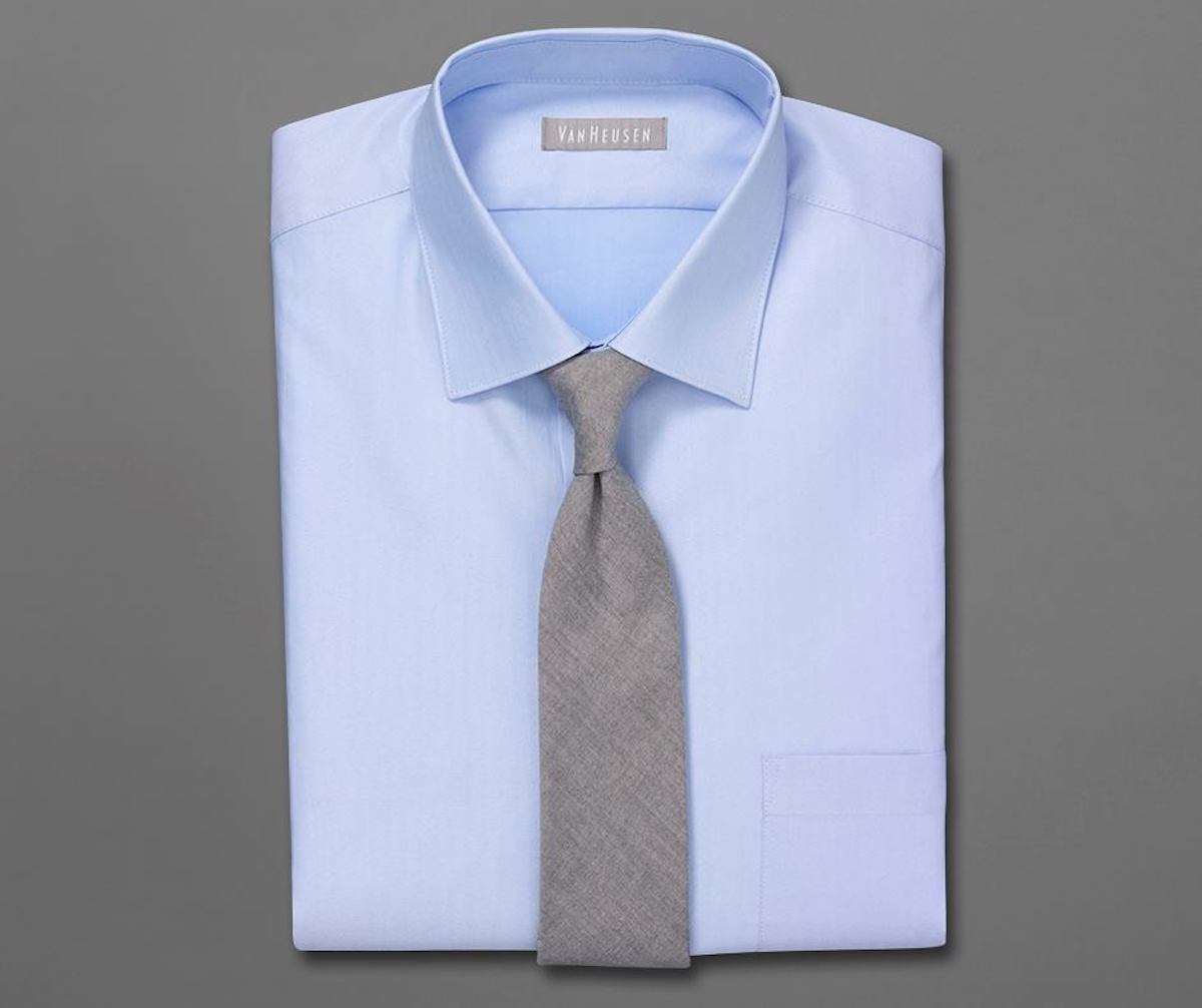 mans blue van heusen dress shirt with grey tie