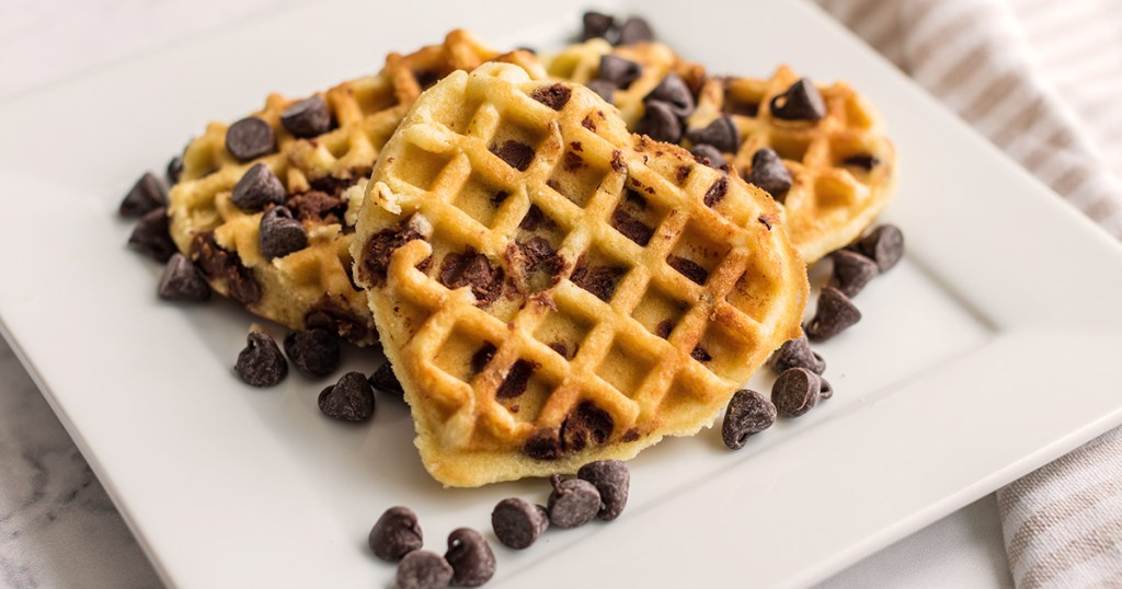 plate of chocolate chip cookie waffles with chocolate chips