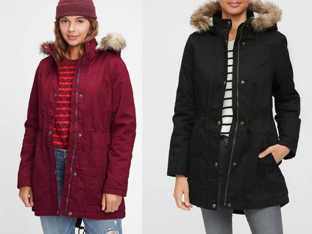 women wearing red and black sherpa jackets