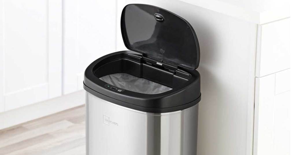 motion sensor trash can in kitchen with lid open