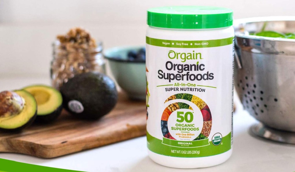 orgain superfoods powder in tub