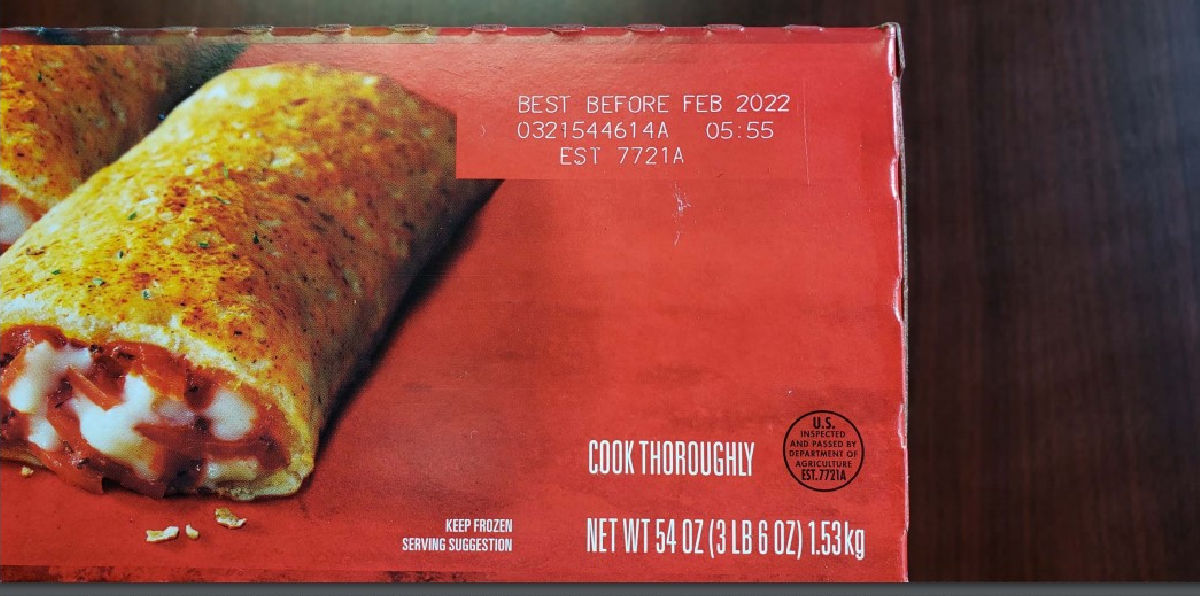 info stamped on Pepperoni Pizza Hot Pockets