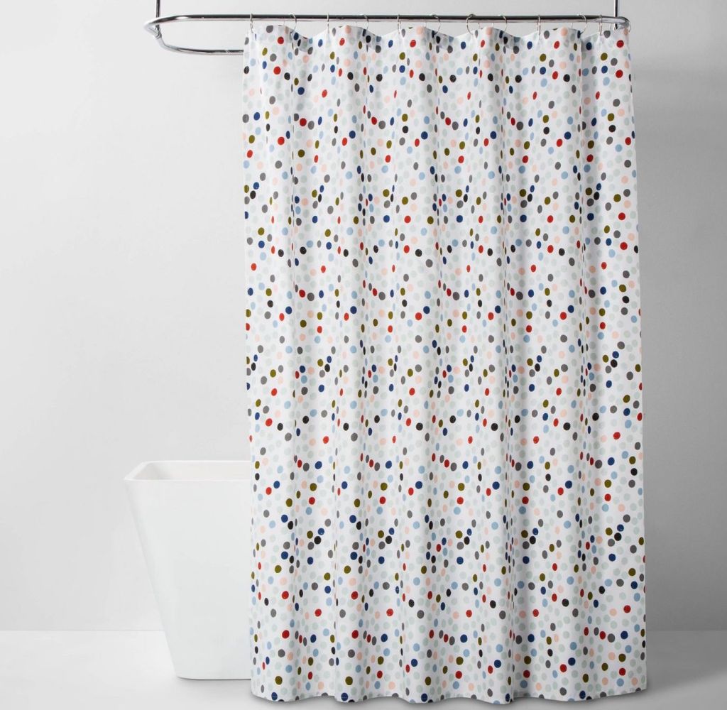 polka dot shower curtain in bathroom