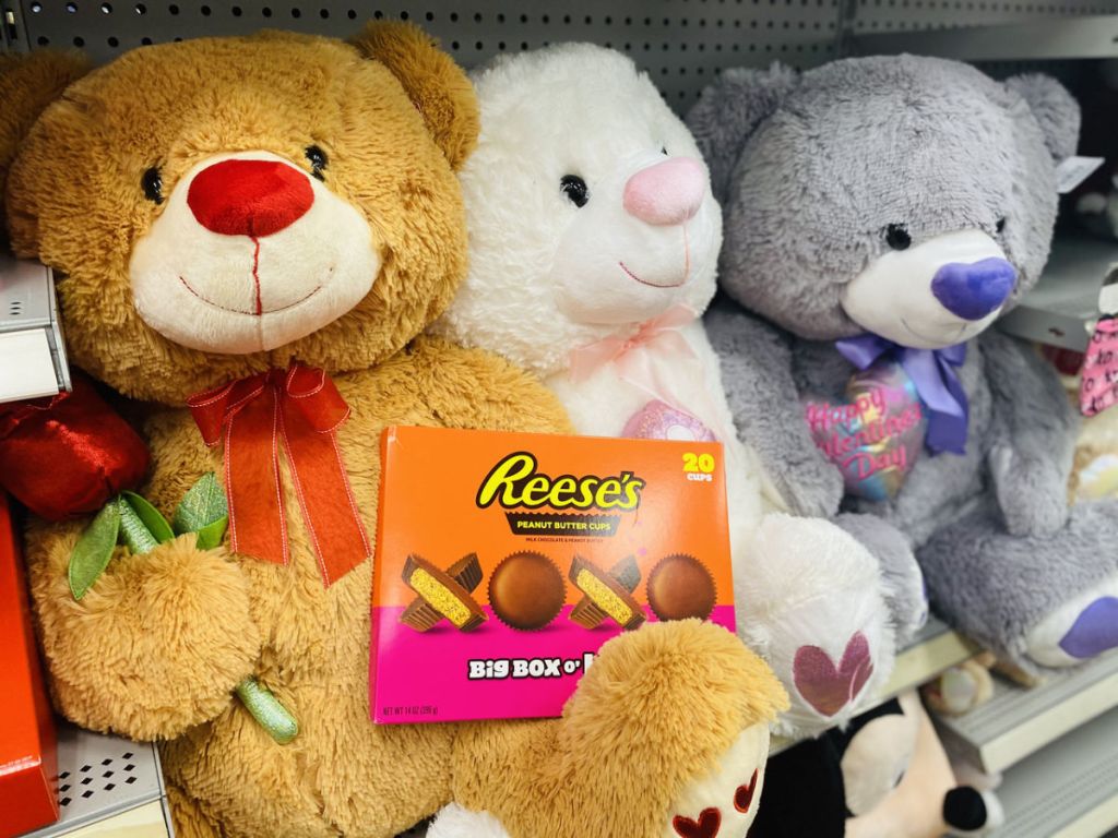 3 teddy bears with Reese's Valentine's Day candy