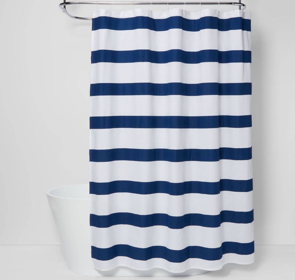 rugby striped shower curtain blue and white