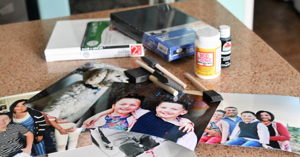 supplies to make DIY Photo canvas on the counter 