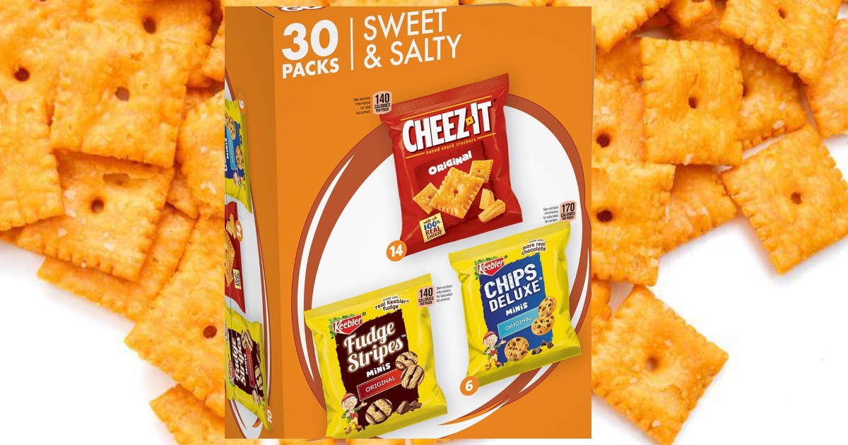30 pack keebler variety pack box overtop of an enlarged image of loose cheez it crackers