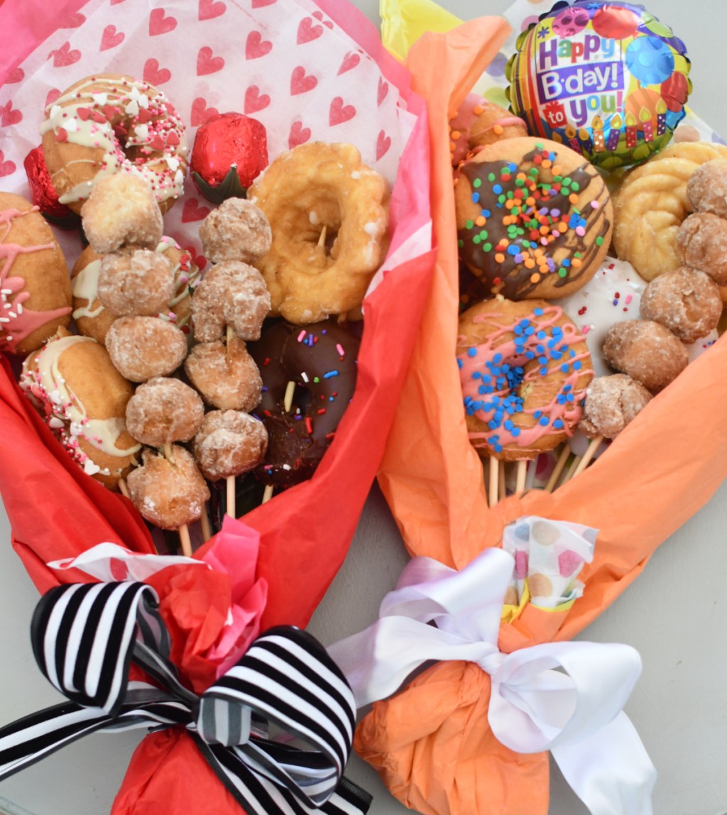 two finished donut bouquets