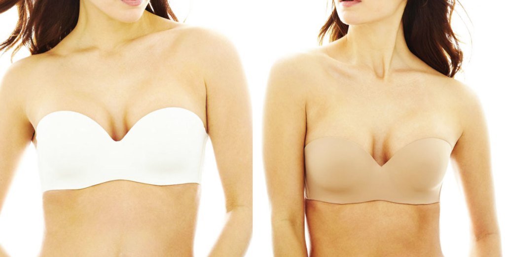 two women in white and nude strapless bras