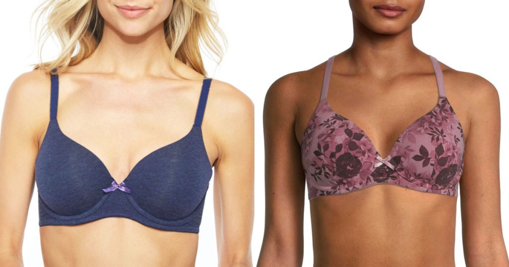 two women in blue and purple floral print bras