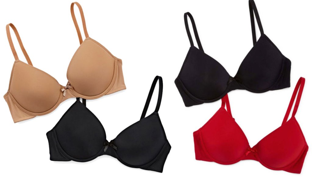 four women's bras in nude, black, and red colors